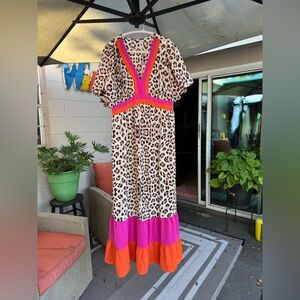 Leopard Print Maxi Dress with Pink and Orange Accents